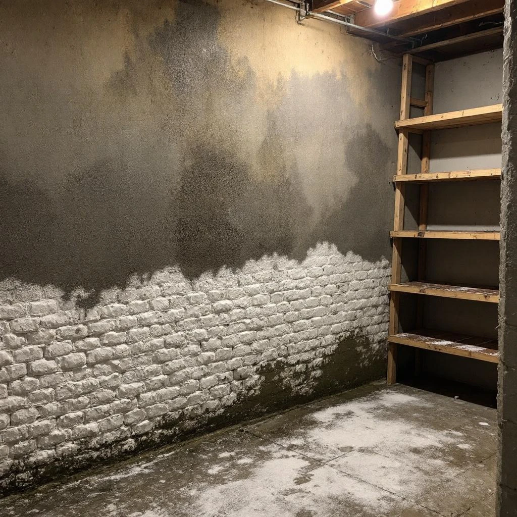 Salpeter op keldermuur - witte uitslag die wijst op vochtproblemen